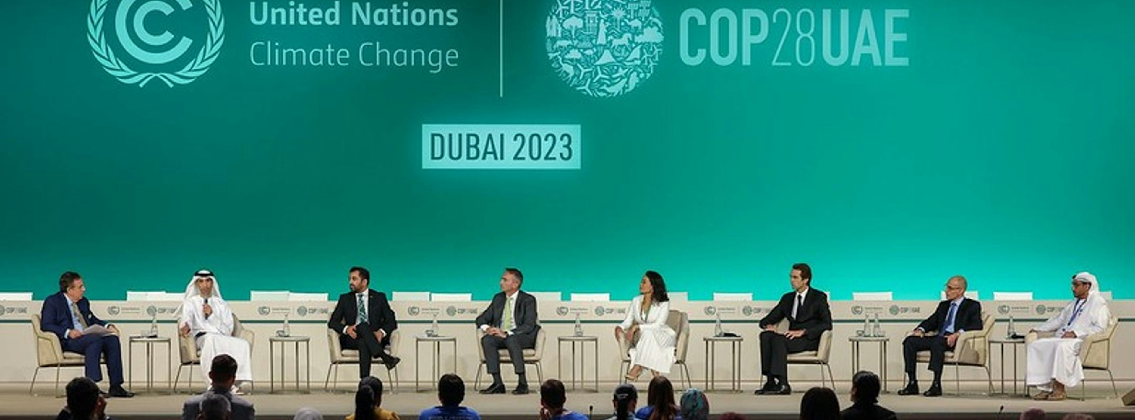 DECEMBER 4: Panelists onstage at The Sustainable Trade Summit​ during the UN Climate Change Conference COP28 at Expo City Dubai on December 4, 2023, in Dubai, United Arab Emirates. (Photo by COP28 / Christopher Pike)